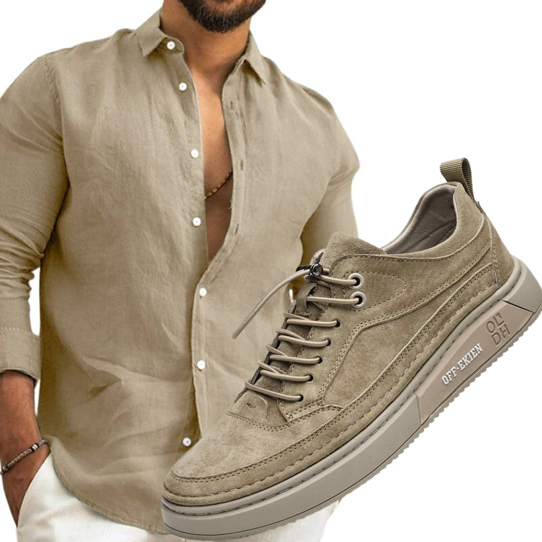 (PAGUE 1 LEVE 2 ) Sapatênis Masculino Em Couro Premium Off-Ekien + Camisa de Linho Premium Masculina